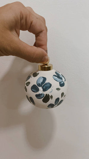 Hand Painted Ornament: Blue with Green Leaves