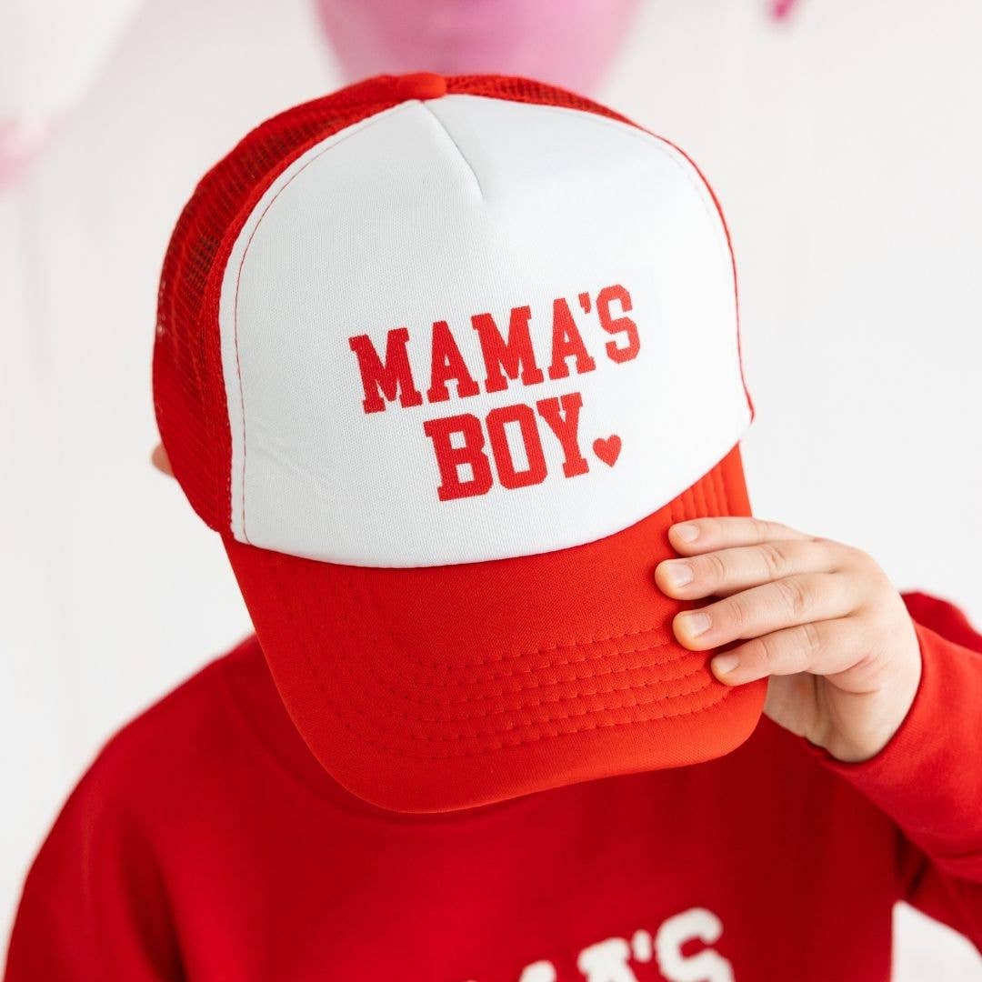 Mama's Boy Valentine's Day Kids Trucker Hat - Red/White