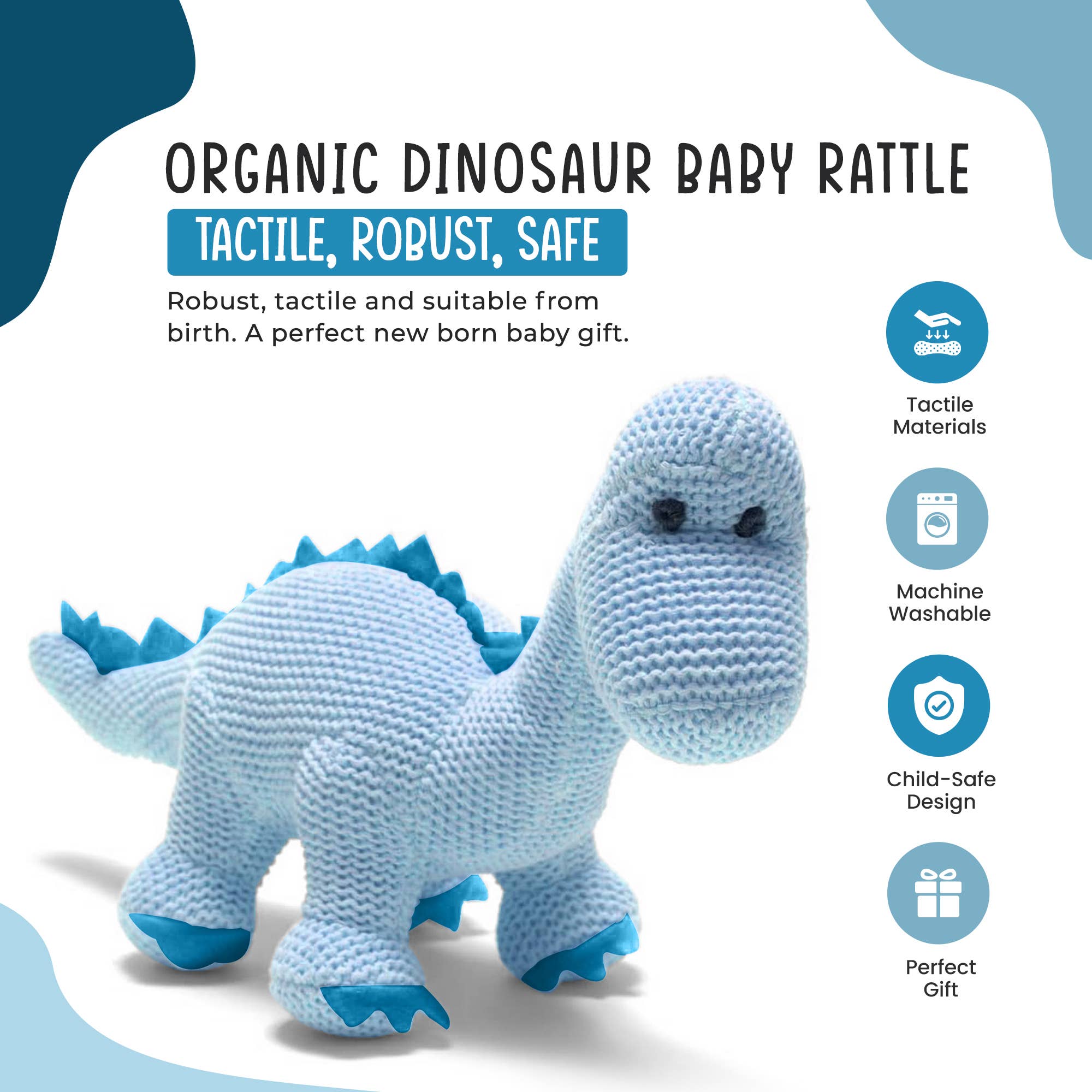 Blue Diplodocus Dinosaur Baby Rattle