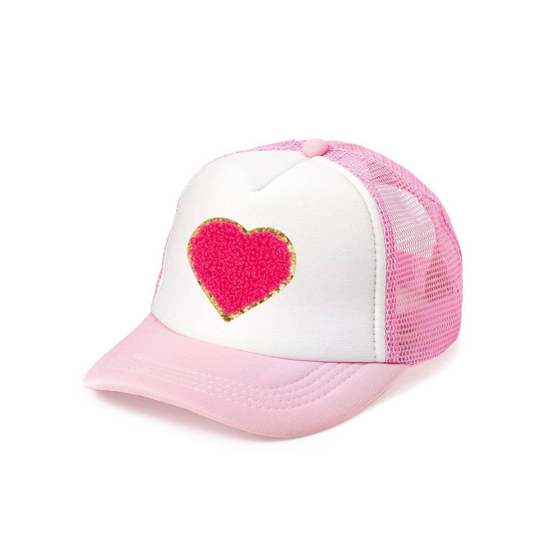 Bright Pink Heart Patch Valentine's Day Trucker Hat - Kids