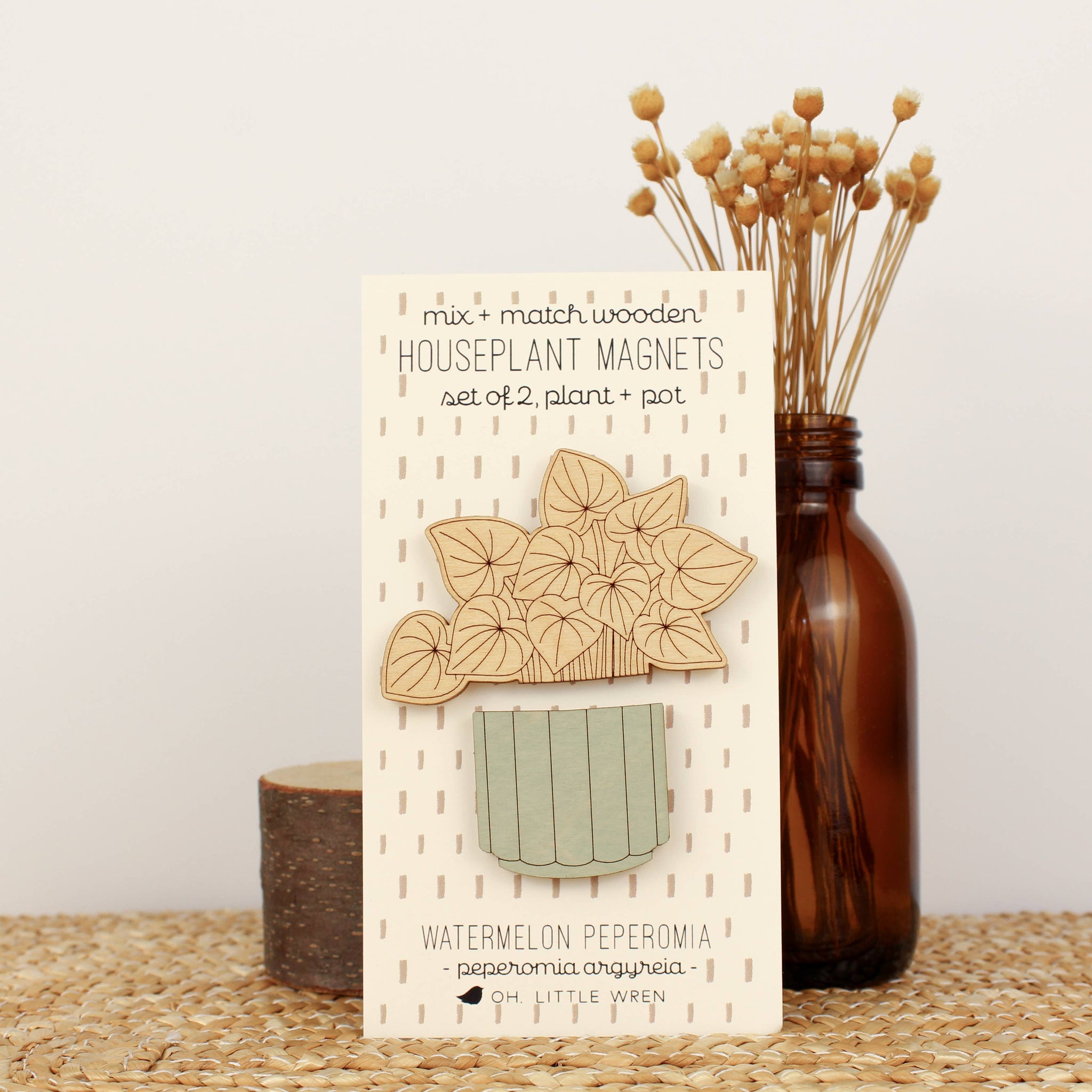 Wood House Plant Magnets | Watermelon Peperomia | Plant Lover Gift