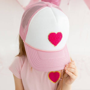 Bright Pink Heart Patch Valentine's Day Trucker Hat - Kids