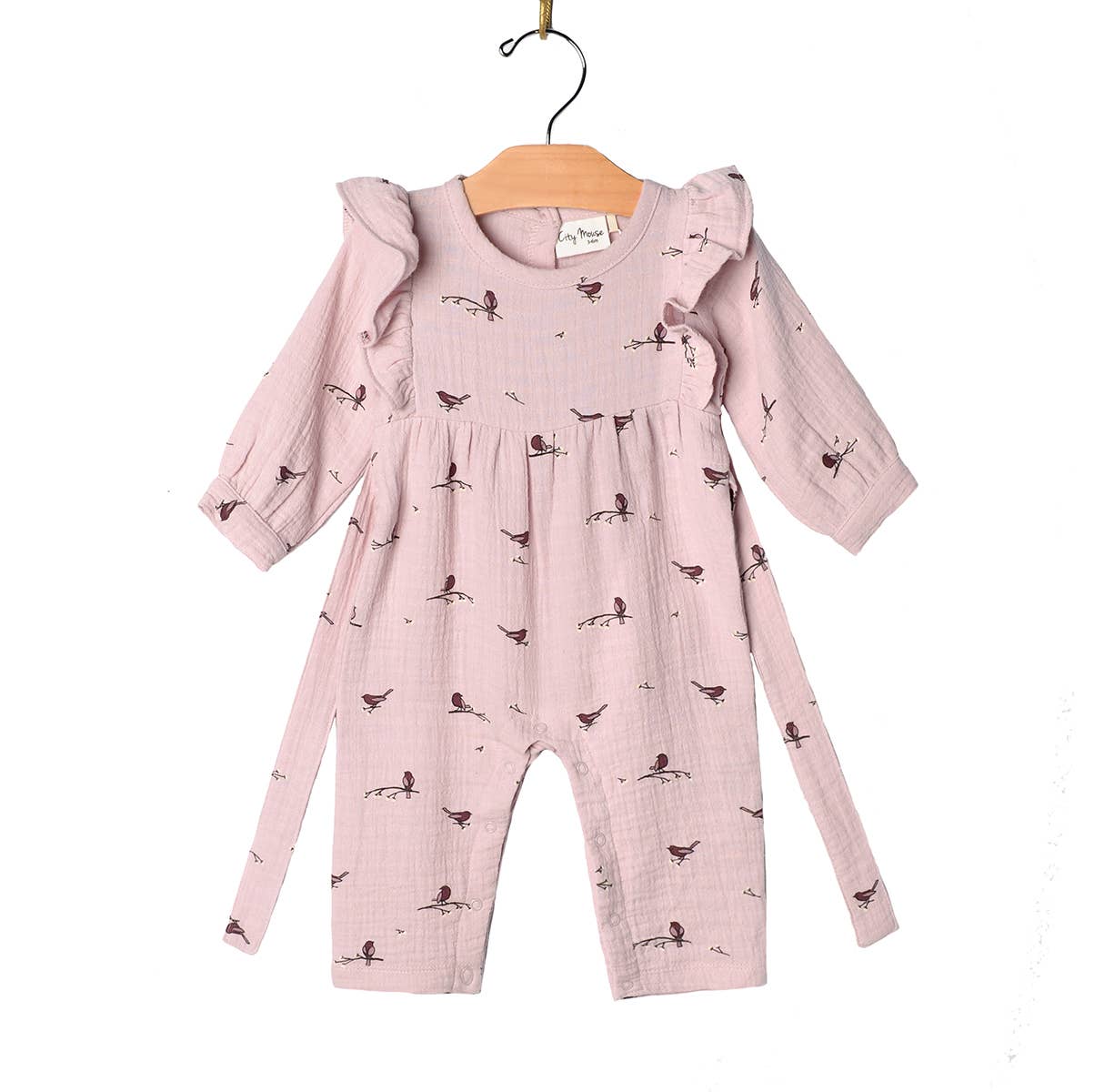 Flutter Sleeve Long Romper- Fall Lavender Birds