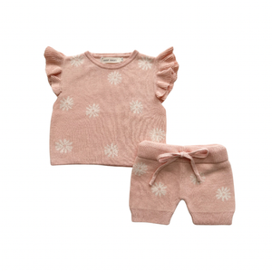 Organic Knit Short Set - Coral Daisies