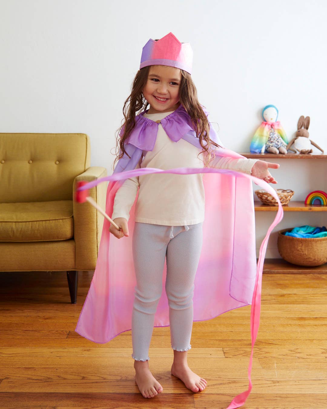 Pink & Purple Silk & Wood Streamer - Wand for Pretend Play